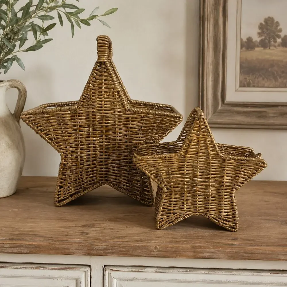 Vintage Gold Wicker Star Baskets Set of 2 Rustic Holiday Decor